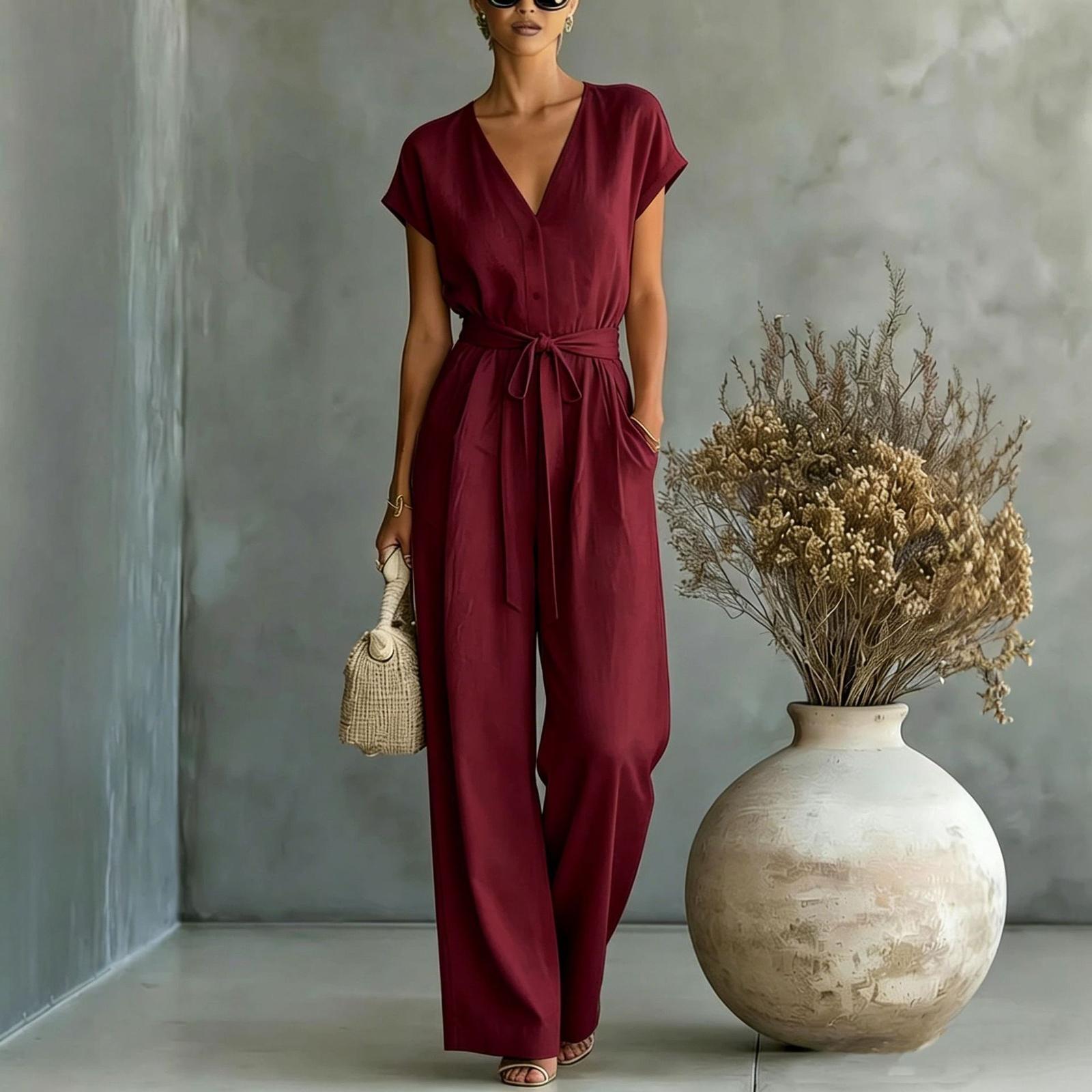 

Short Rompers For Women Deep V Neck Sleeveless Jumpsuit Loose Fit Work Overalls Dressy Casual Summer Jumpsuits S винный