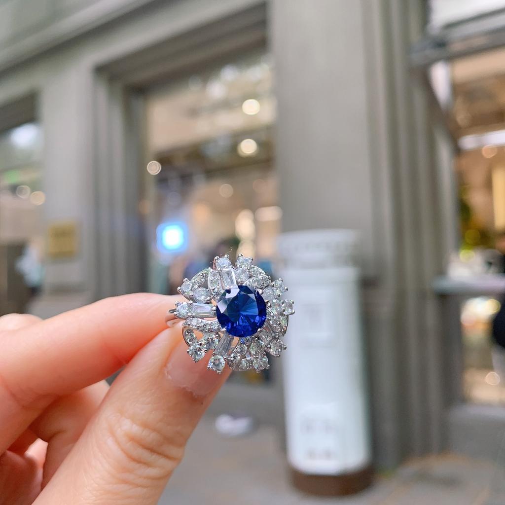 Jewelry Simulation Tanzanian Blue, Sapphire Retro Style Versatile Ring Shining Diamond-Set Women'S Ring