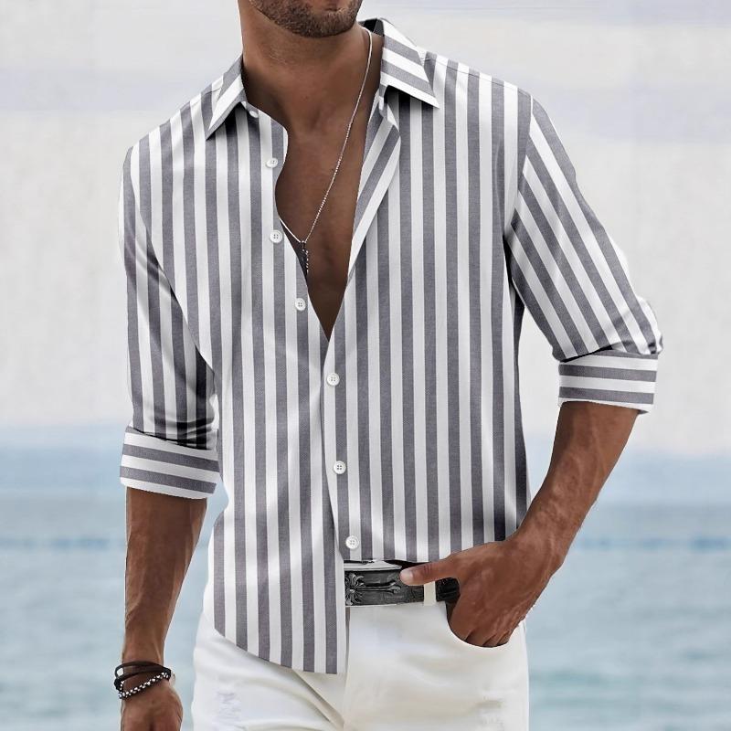 Mens Striped Casual Loose Long Sleeve Shirt