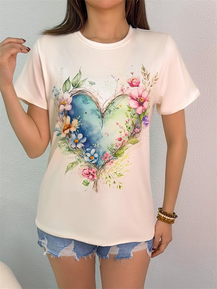 New casual women's short-sleeved blouse, floral print round neck blouse, fashion short-sleeved T-shirt, women's clothing