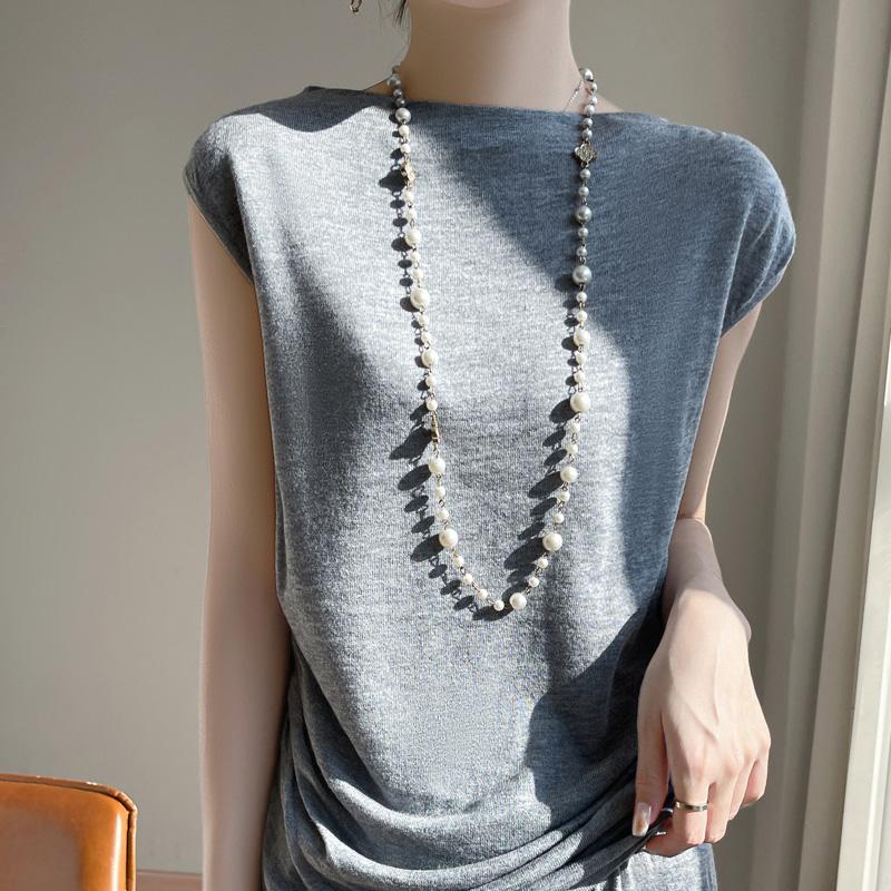 Women's Wool Sleeveless Pullover Qinghe Cashmere 50% Silk 50% Wool Spring and Summer Wool Short Sleeve Soft Comfortable Warm