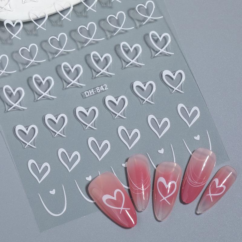 1 Sheet Nail Art Stickers 3D Cute Heart White Gold Silver Lines Love Heart Nail Decals Diy Adhesive Slider Manicure Decorations
