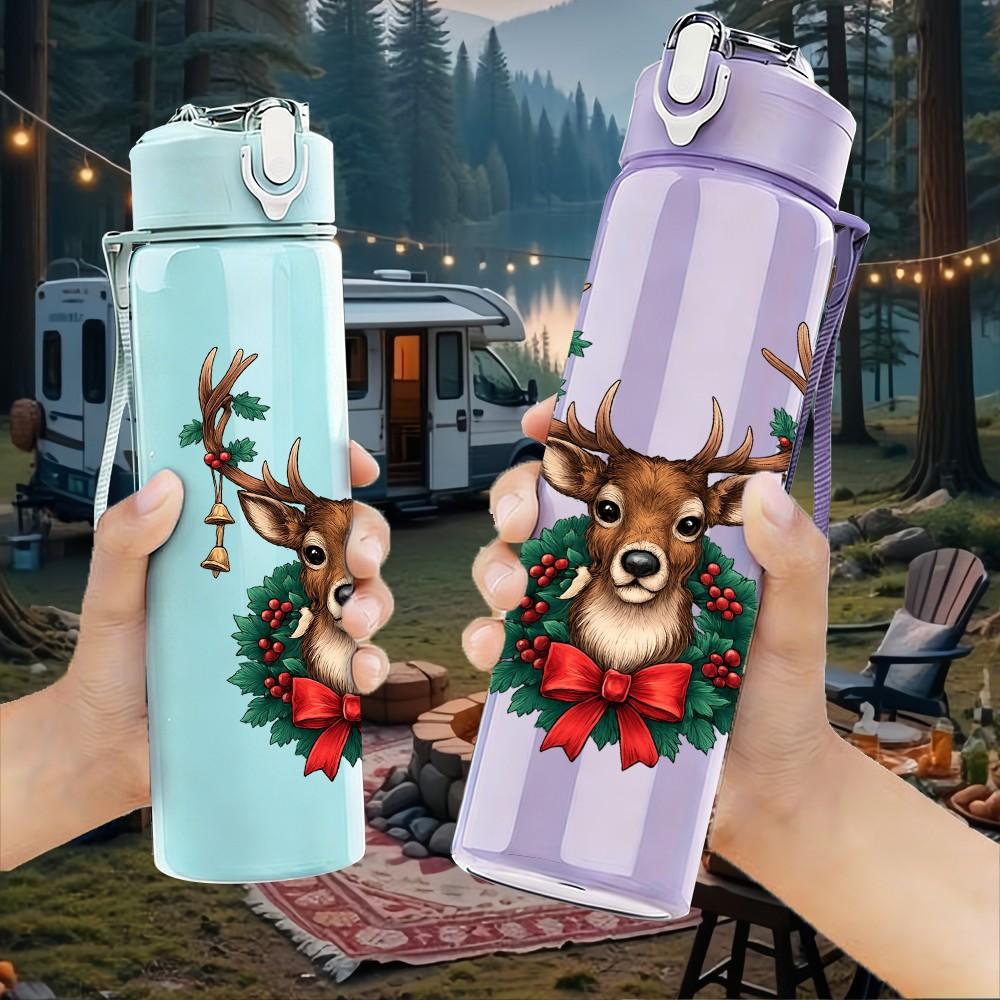 1PC Wreath Antler Reindeer 750ml Color Plastic Sports Water Bottle Leakproof Flip Straw Lid Suitable for Sports Office Home Use
