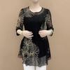 Printed Fashion 3/4 Sleeve Chiffon T-shirt for Female Casual Loose Round Neck Diamonds Tops Summer Womens Clothing