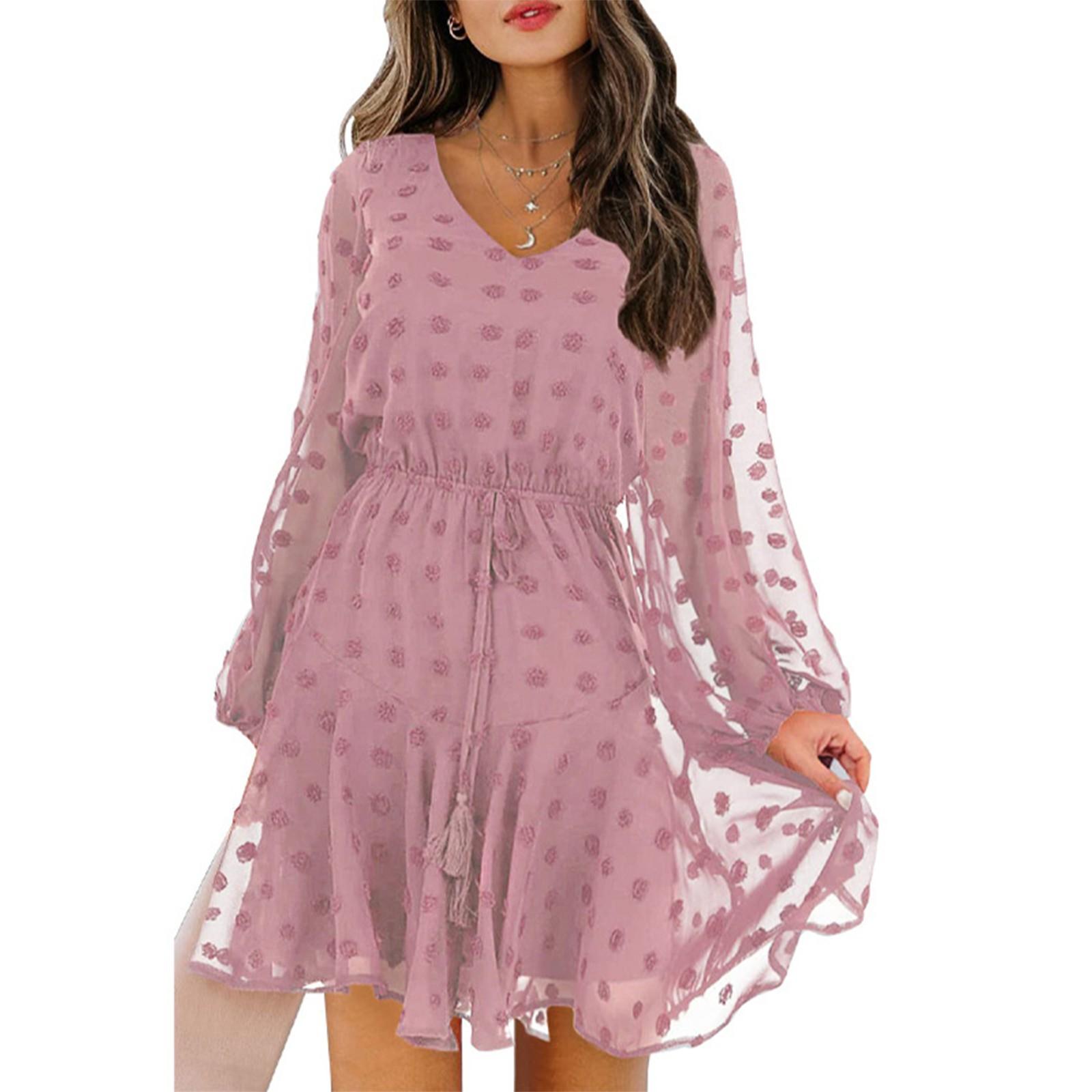 

Женское модное шифоновое платье с длинными рукавами и v-образным вырезом на шнуровке на талии XL розовый