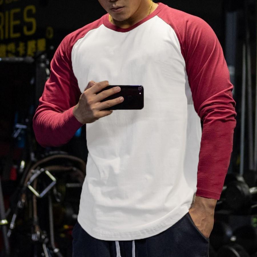 

Мужская базовая футболка с длинным рукавом и круглым вырезом в стиле колор-блок для фитнеса и повседневной носки осенью и зимой M