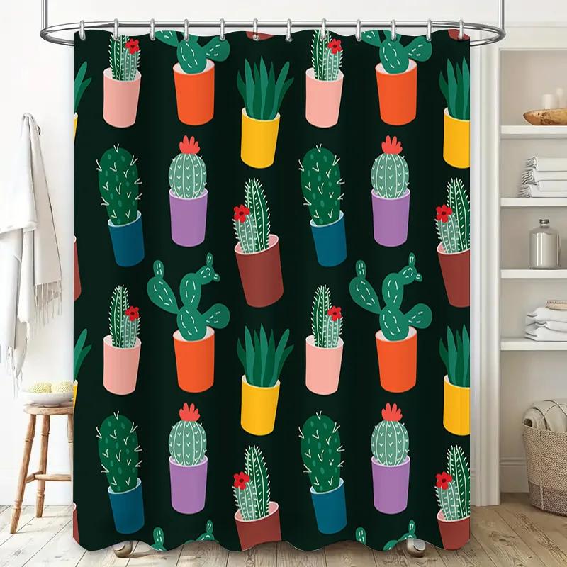 Colorful Cactus Bathroom Shower Curtain Decor Plant Pattern Print Waterproof Fabric for Home Decoration in Bathtub Red, Green, Y