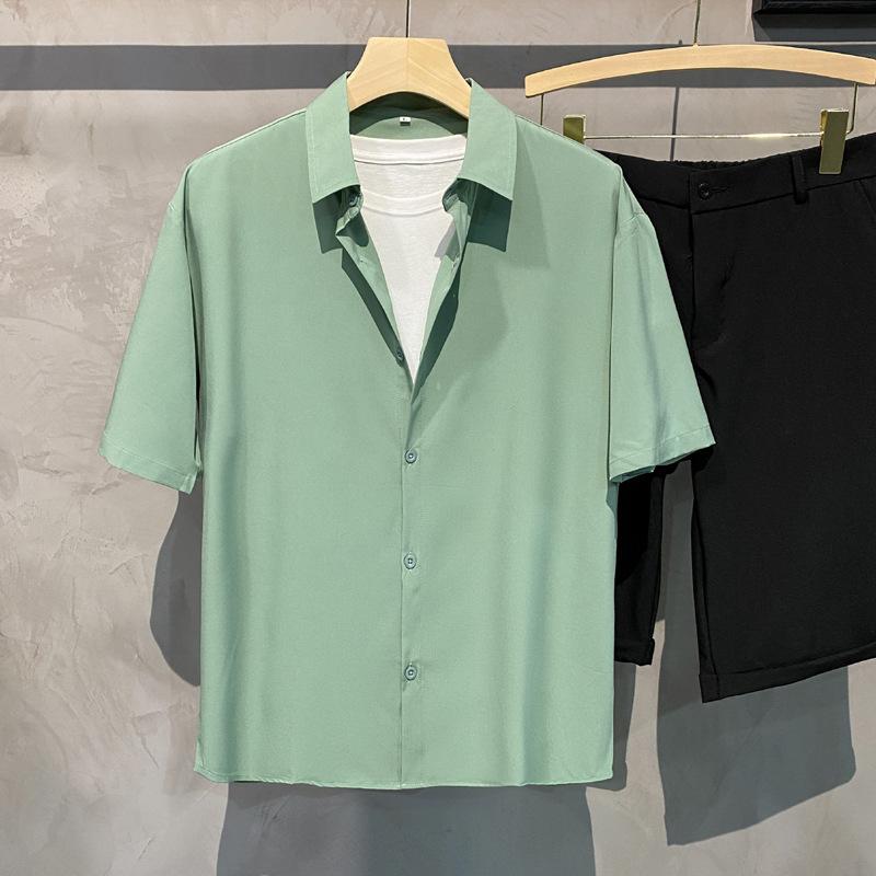 Men's Spring and Summer Lapel Solid Color Short-sleeved Loose Shirt Casual Comfortable Breathable Retro Drape Button Jacket