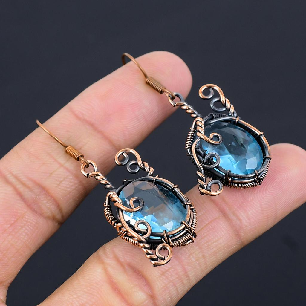 Blue Topaz Earrings, 999 Copper Wire Wrapped  Gemstone Jewelry, Handmade Earrings, For Thanksgiving