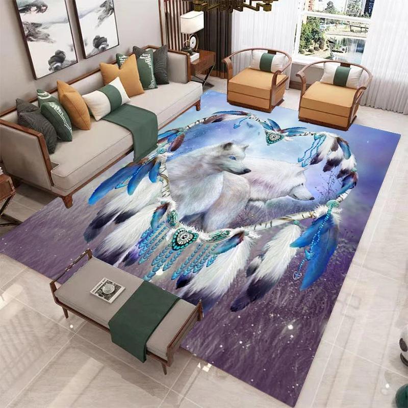 Wolf Carpet Wild Animal Doormat Bohemia Style Dreamcatcher Area Rug for Living Room Bathroom Decor Woodland Wildlife Floor Mat