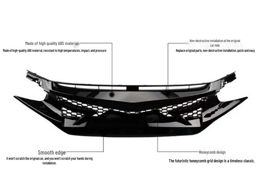 Glossy Black TR Grille & Body Kit for 2016 Civic Type R: Includes Rear Wing, Front Splitter, and Side Skirts.