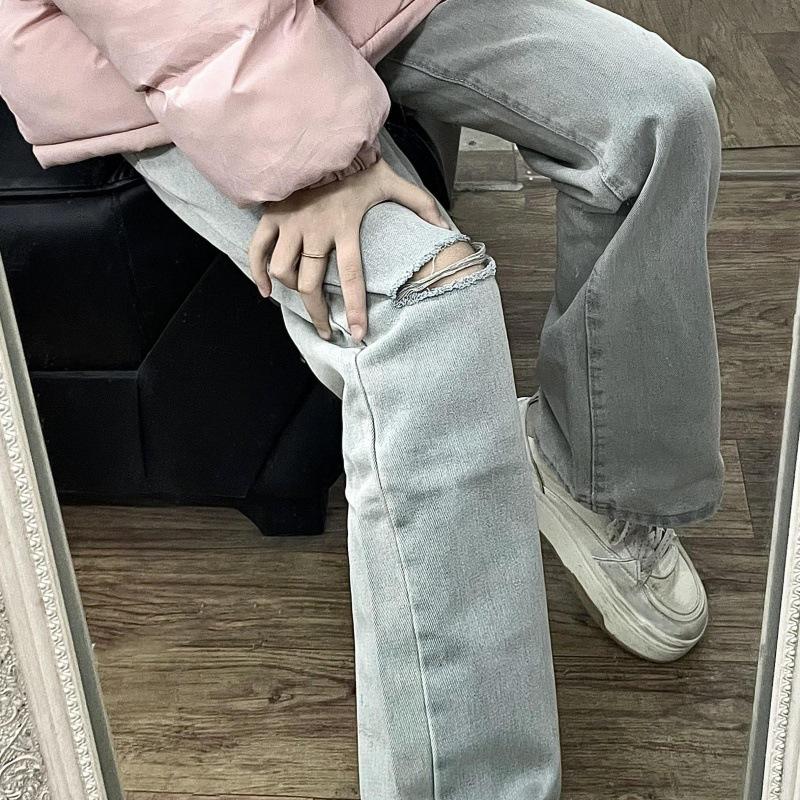 

Джинсы женские с завышенной талией, рваным прямым дизайном, новые, весенне-осенние, в стиле ретро, универсальные, широкие брюки-швабры XL