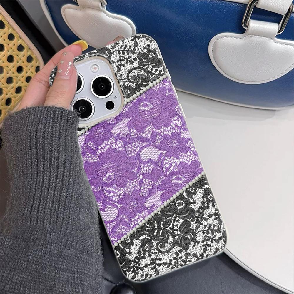 Dual Tone Lace Phone Case for iPhone 17 16 15 14 Plus 13 12 11 Pro Max Purple Black TPU Fashion Protective Cover