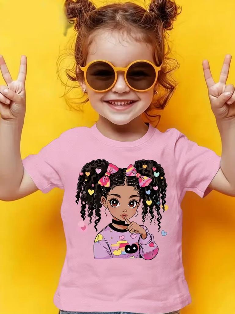 Girls' Summer Crew-Neck Short-Sleeved Top New Black Girls Cute Top Girls Clothes Cartoon Print T-Shirt Top Children's Clothing