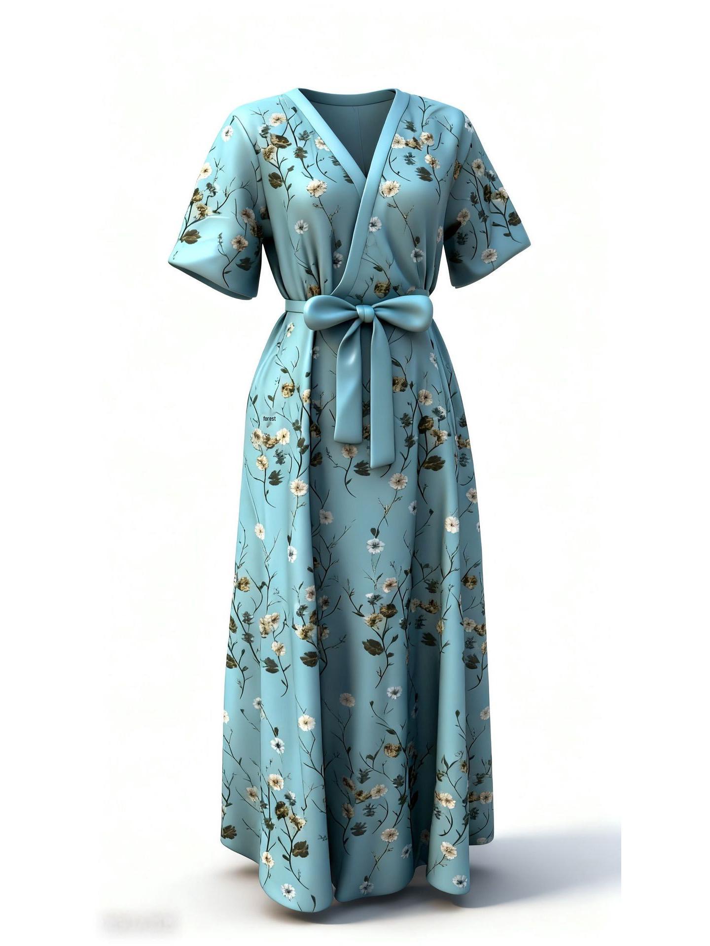 Elegant 2025 European & American Floral Pleated Lace-Up Maxi Dress for Women Small