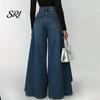 Simple Design Women Trousers Pants High Waist Buttons Zipper Closure Denim with Everyday Pockets Irregular Large Hem Wide Leg Solid Color Casual Loose