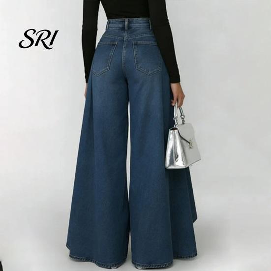Simple Design Women Trousers Pants High Waist Buttons Zipper Closure Denim with Everyday Pockets Irregular Large Hem Wide Leg Solid Color Casual Loose