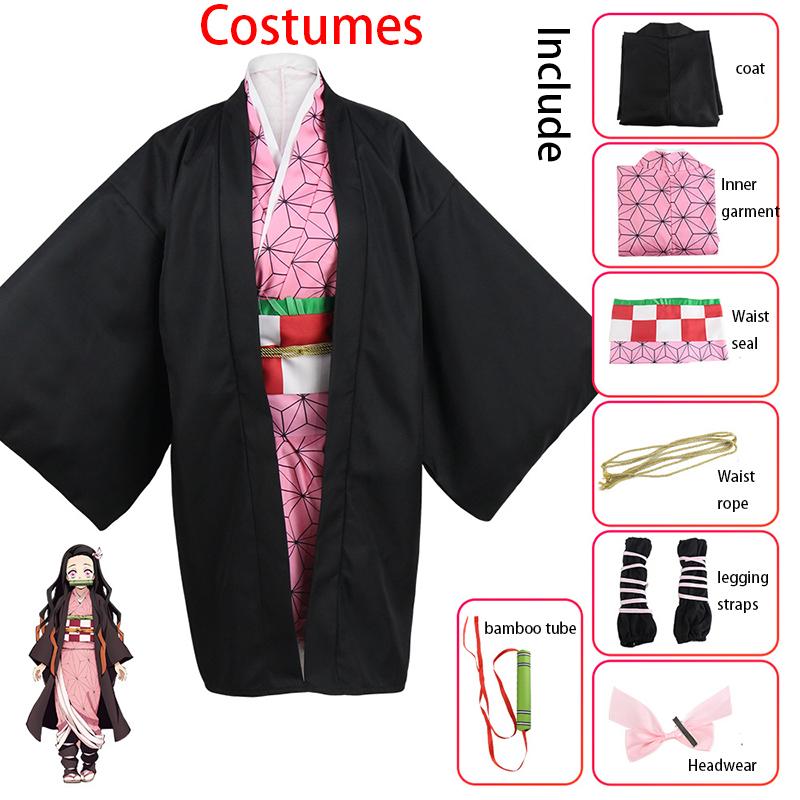 Ysir Anime Nezuko Cosplay Costume Kimono Devil Hunter Kamado Nezuko Costume Wig Womens Girls Kimono Uniform Clothes