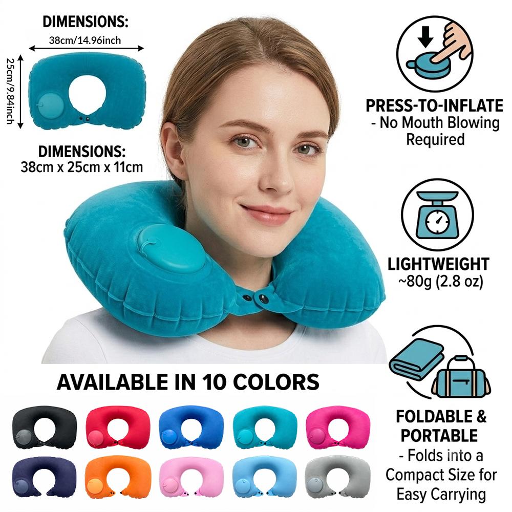 1 U-shaped inflatable neck pillow, portable compression inflatable U-shaped support pillow, office travel outdoor neck pillow