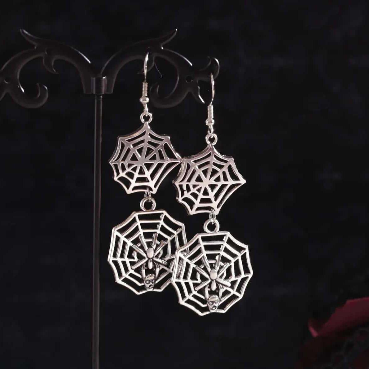 

Gothic Dark Aesthetics Silver Color Stainless Steel Double Spider Web Skull Pendant Dangle Earrings for Women Halloween Jewelry