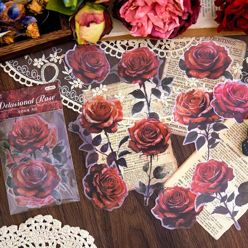 Journamm 10pcs/pack Rose Theme PET Stickers Flowers Stickers DIY Scrapbooking Collage Diary Aesthetics Decor Sticker Stationery