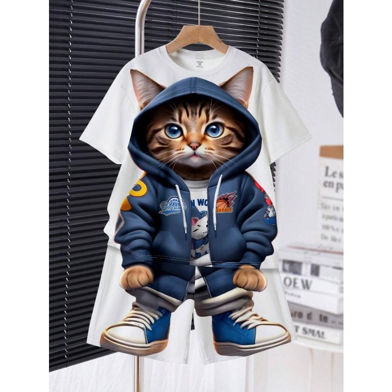 Sada 2 kusů trička a kraťasů s jednoduchým kresleným kočičím vzorem pro dospívající chlapce, vhodná na léto