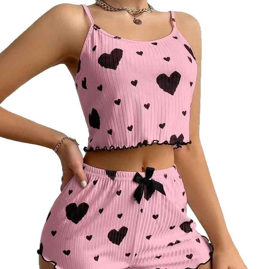 European & American Style Heart-Print Camisole Shorts Pajama Set