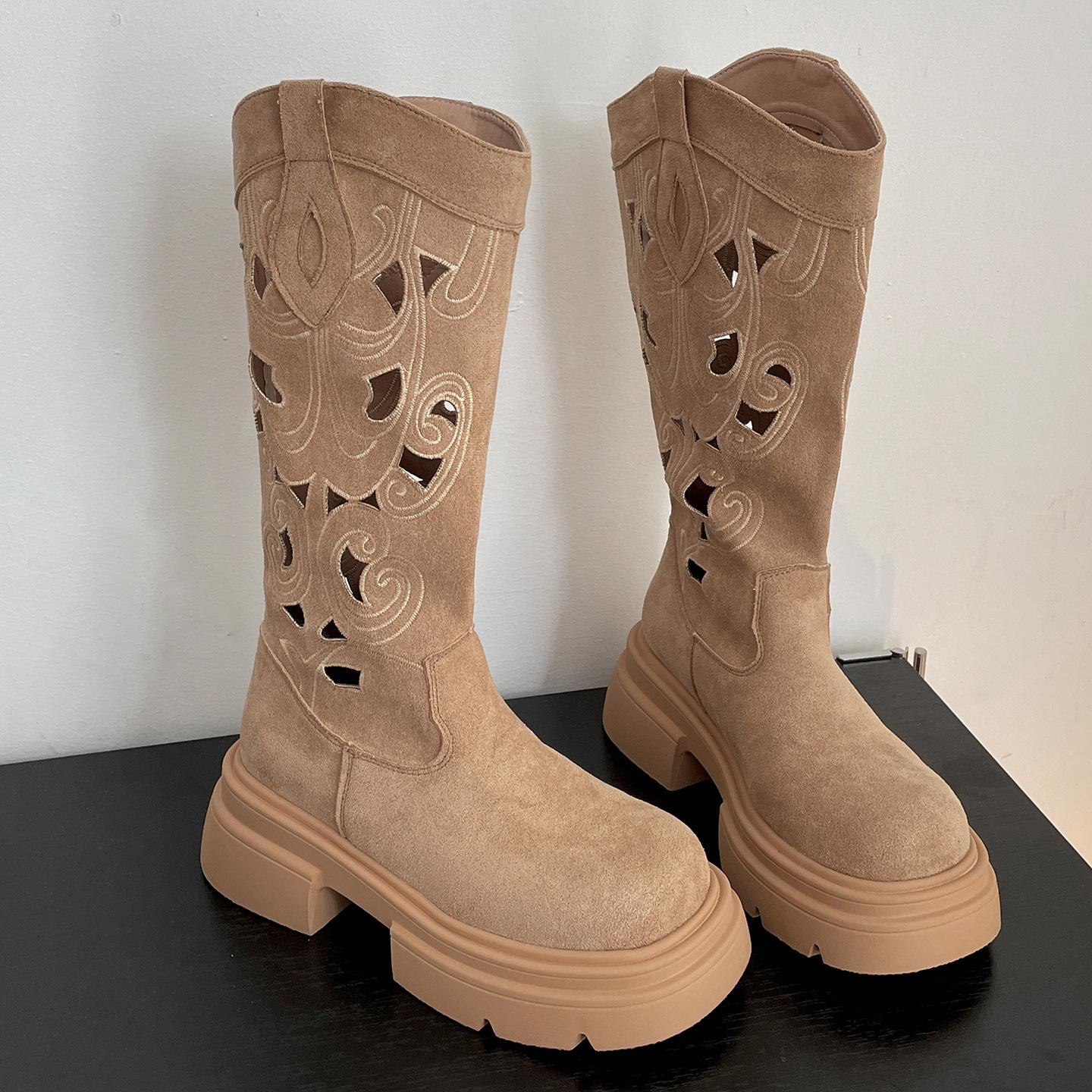 

Queen Fan Vintage Maillard Style Brown Thick Heel Platform Boots 2025 New Women s Summer with Skirt Boots 35 абрикосовый