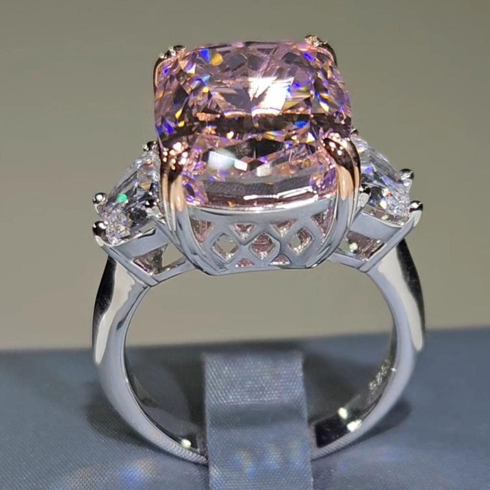 Luxury Cherry Pink Open Ring Cushion Cut Square Zircon Engagement Ring Sparkling High Carbon Diamond Pink Zircon Jewelry