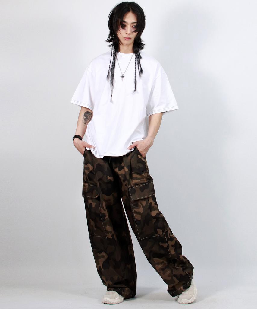 Deumakeu M Real Street Color Stitch Wide Cargo Track Pants Camouflage