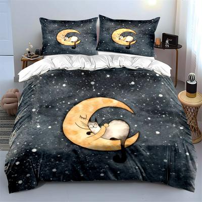 Moon Cat Night Decor Set Soft Comfortable Duvet Cover Bedding Set Included 1*Duvet Cover & 2*Pillowcases, Gift