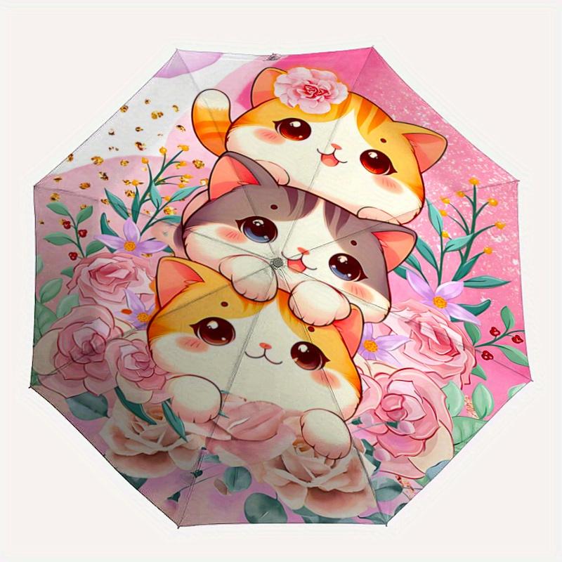 1pc Three Cute Cats Ideas Automatic Folding Umbrella - 3 Folding Design, Vivid Cartoon Pattern, Suitable for Outdoor Activities, A Gift for Fans