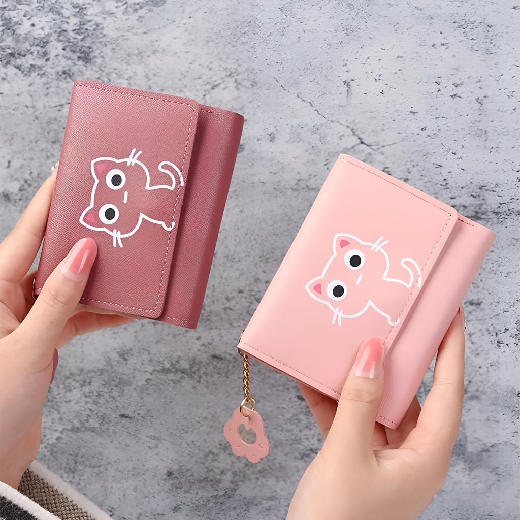 Women Wallet Cute Cat Short Wallet Leather Purse Girls Money Bag Card Holder