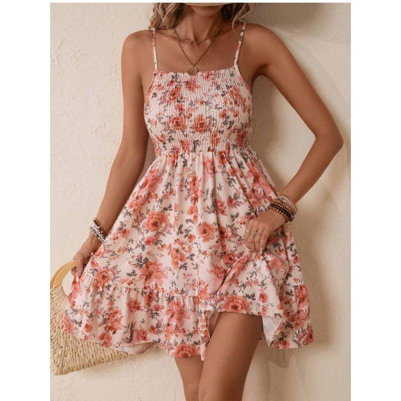 Small Sweet Summer New Arrival Fashion Style off-Neck Elastic Waist Slim Fit Backless Ruffled Spaghetti Straps Dress