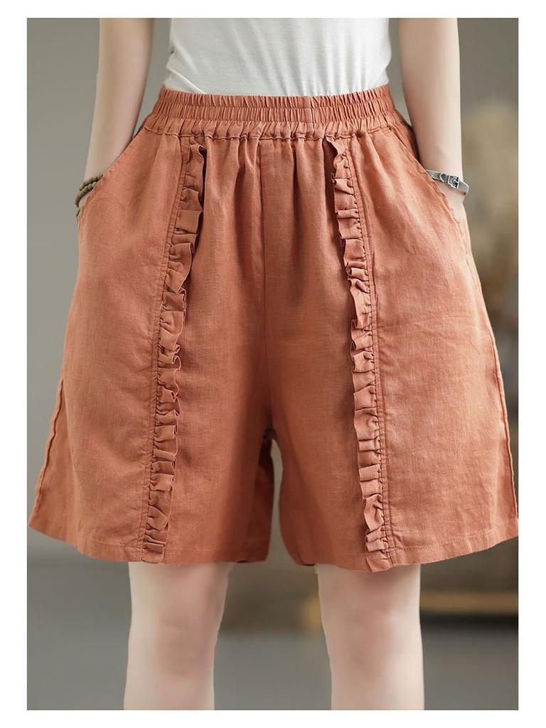 Women's Retro Pleated Cotton-Linen Harem Shorts – Casual, Loose, Elastic Waist for Spring/Summer