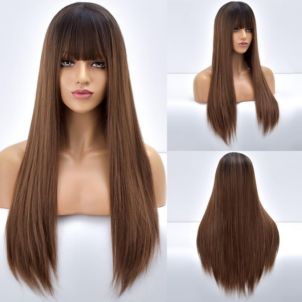 Natural Black Straight Synthetic Wigs For Women with Bangs 28Inch Daily Party Cosplay Wigs Heat Resistant Natural Hair Wig