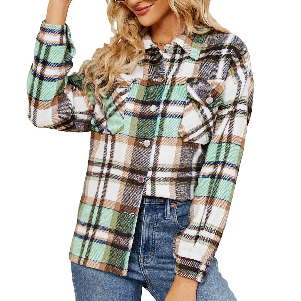 2024 European And American Autumn And Winter New Button Lapel Loose Long Sleeved Plaid Woolen Coat For Women