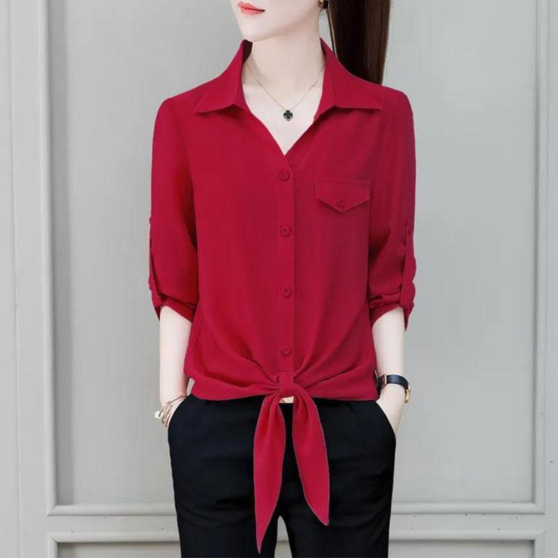 

Women s Polo-Neck Blouse Summer New Basic Commuter Single-breasted Solid Color Shirt Fashion Female 3/4 Sleeve Lacing Tops S червоний