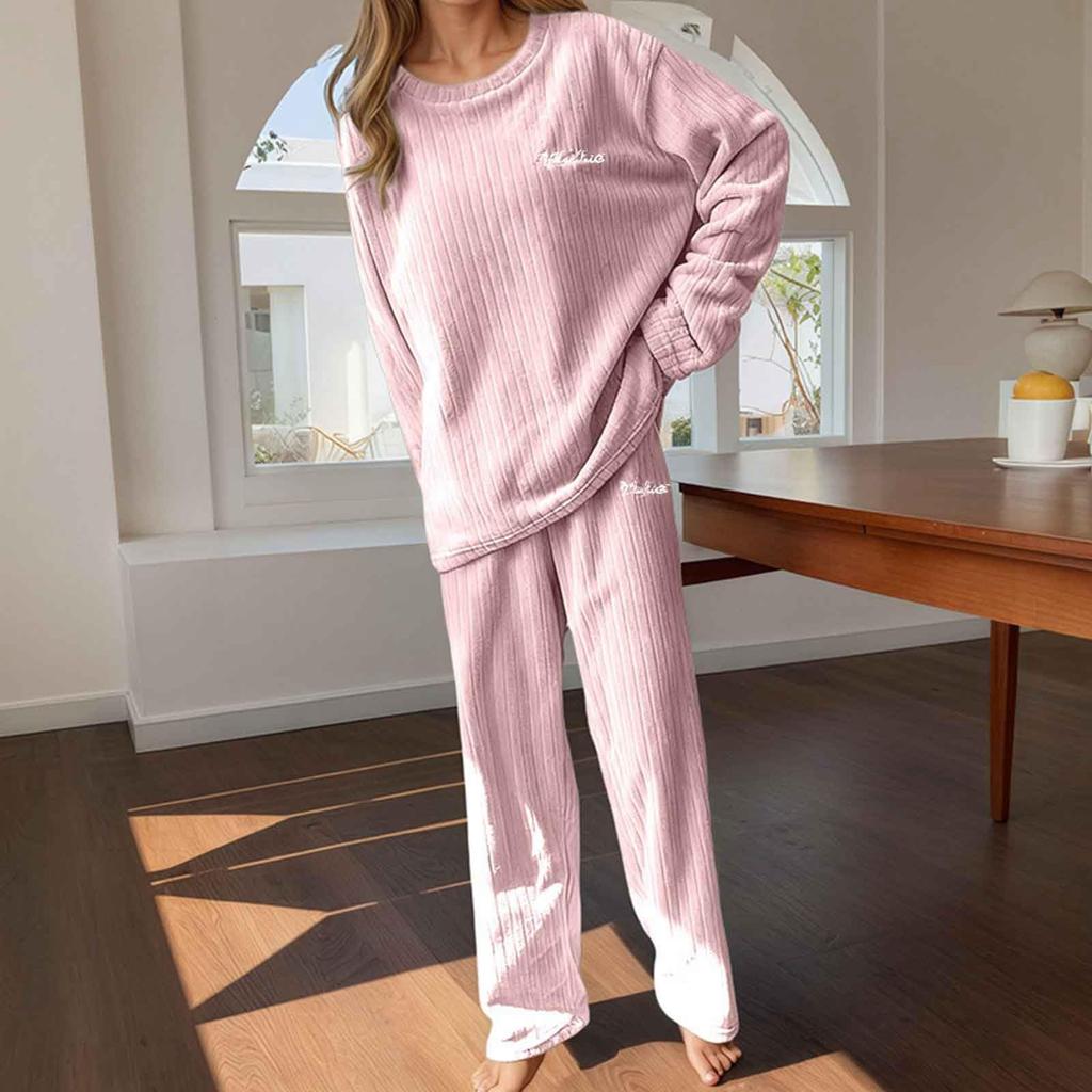 Women Set Long Sleeve Lounging Warm Fleece Sleepwear Winter High Elastic Crewneck Loungewear Sets
