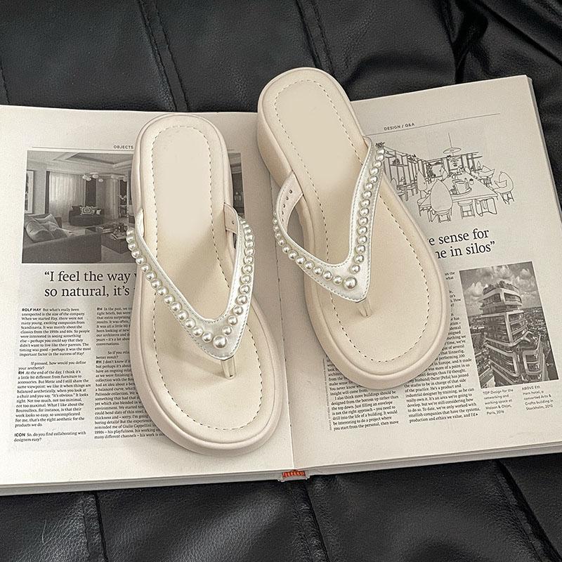 Comemore Summer Leisure New Pearl Slippers Outside Wear Thick Bottom Beach Girls Flip-flops Wedges High Heeled Slides for Women