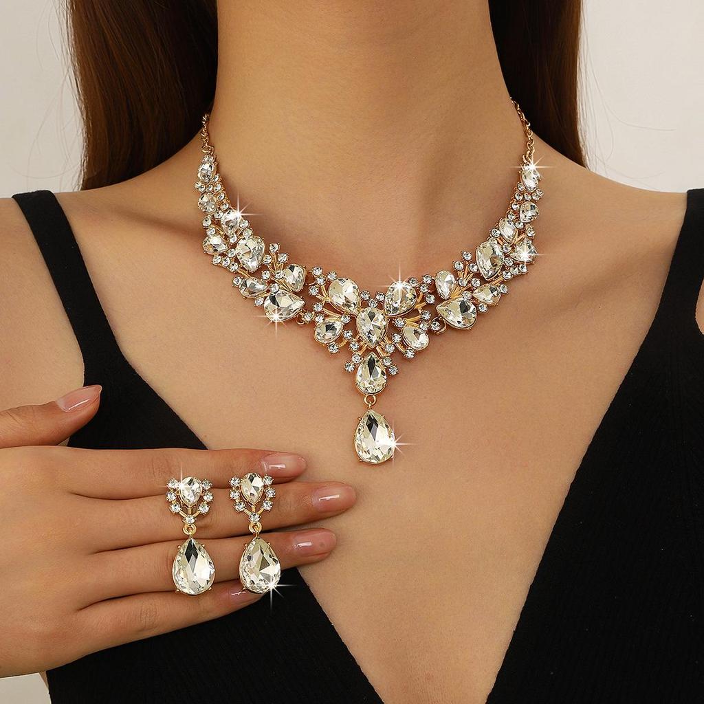 Elegant Rhinestone Water Drop Necklace Set - High-End European & American Court Style Jewelry for Women