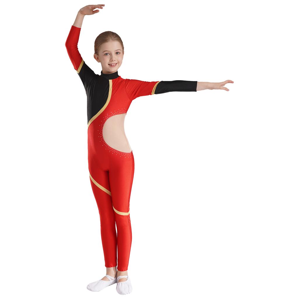 Girls Dance Unitard Skating Jumpsuit One Piece Long Sleeve Bodysuit Gymnastics Leotard