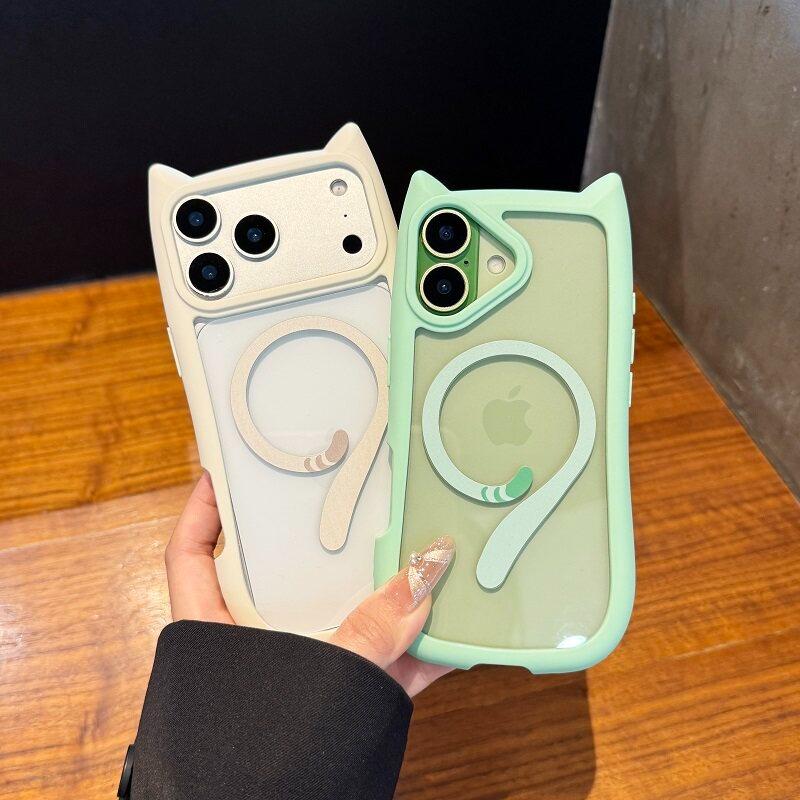 Ins Cute Cat Ear Tail for Magsafe Case For iPhone 17 16 13 12 Pro Max 14 15 Plus 11 17 Air Hard Transparent PC TPU Armor Cover