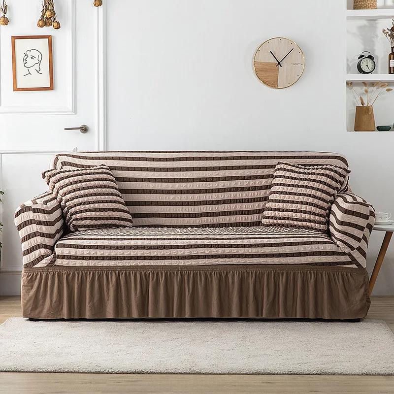 Sofabezug mit Rock, einfach zu montierender Sofabezug für Wohnzimmer, Couchbezug, waschbar, hochelastischer, langlebiger Seersucker-Stoff