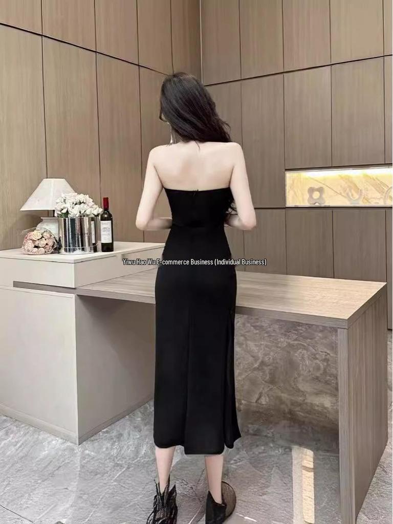 Sexy V-Ausschnitt Trägerloses Arbeits-Abendkleid - Figurschmeichelnder Schlitz Bodycon Langer Rock für Damen