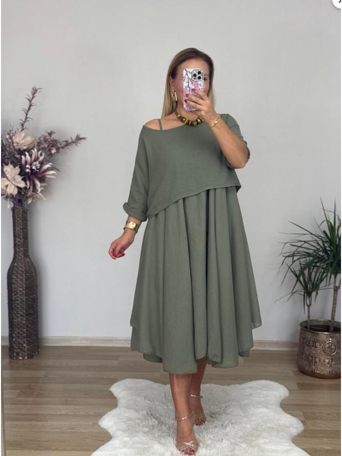 2025 Elegant Plus Size Two-Piece Summer Dress - Slimming, Tummy Concealing Solid Color Skirt