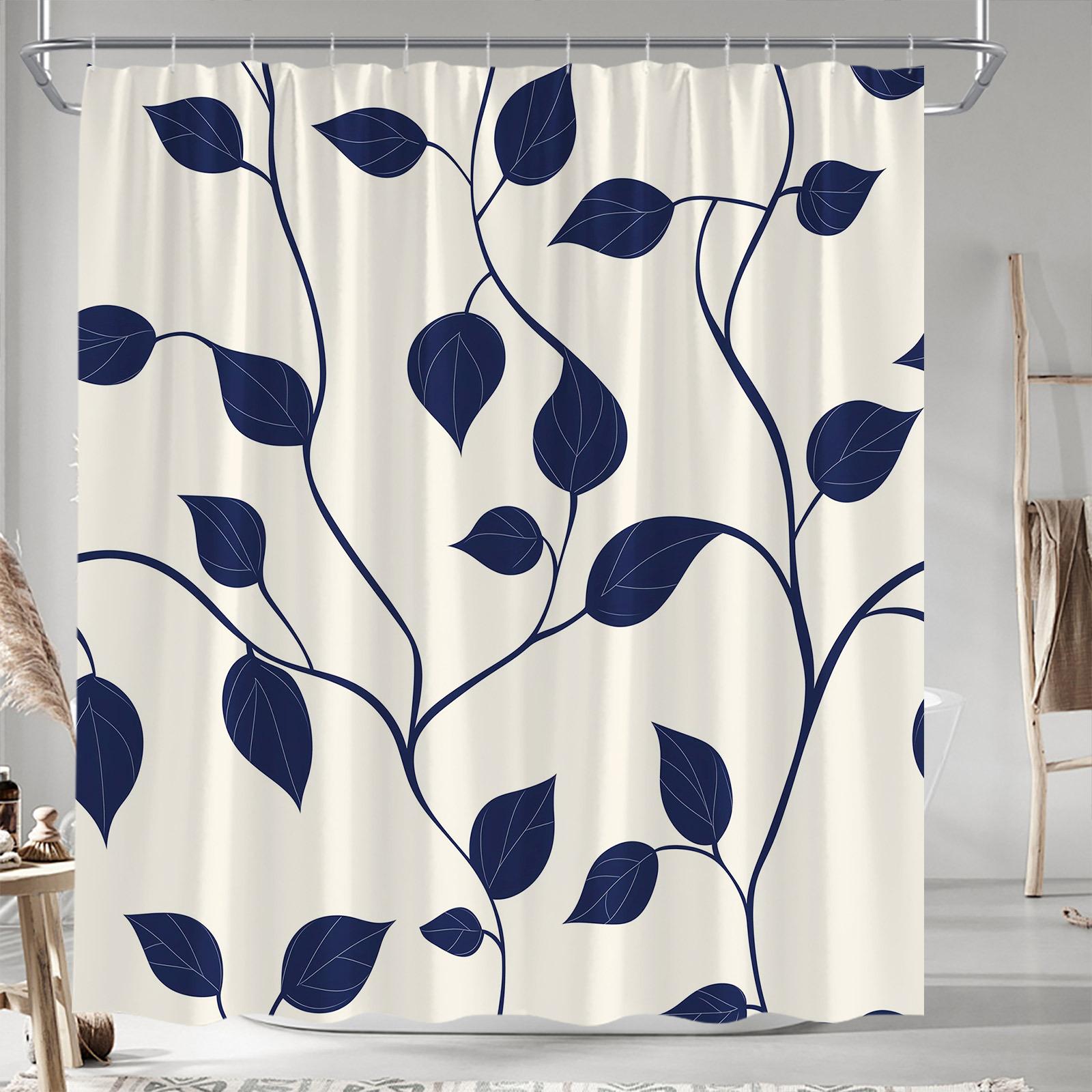 

1Pc Modern Navy Blue Leaves And Branches Polyester Shower Curtain, Woven Fabric With 12 Hooks, Fashionable Bathroom Decor W60H190(CM)-1 Pcs