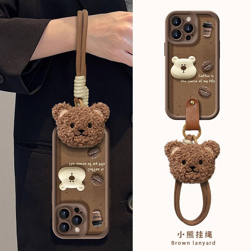 Coffee Bear Doll Lanyard Suitable for Apple 15 Mobile Phone Case Autumn and Winter 17PROMAX Silicone Lambskin 14/16