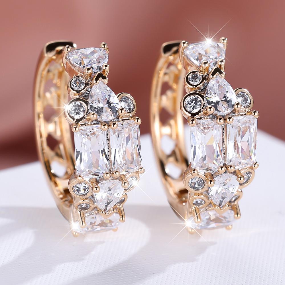 Exquisite White Blue Red Zircon Hoop Earrings for Women Luxury Gold Color Wedding Circle Earrings Jewelry Gift