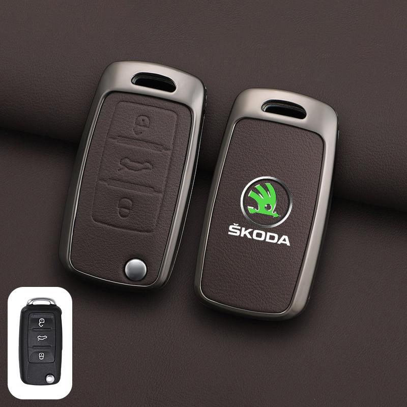 XOWS7 Zinc Alloy Leather Car Remote Key Case Cover Protector Shell Fob For Skoda Superb A7 Kodiaq Octavia A7 A8 Keychain Accessories
